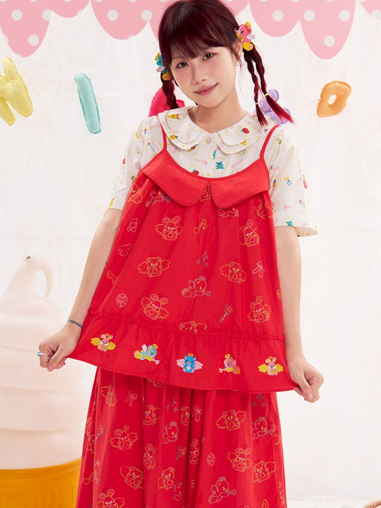 Animal Angel Heavy Embroidery Red Camisole Top【s0000013186】