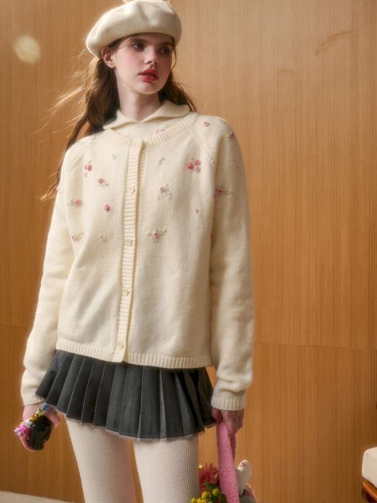 Wool Hand-Embroidered Flower Sweater Cardigan【s0000014891】