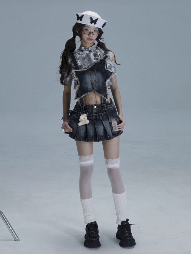 Washable gal niche denim bib culottes【s0000013490】