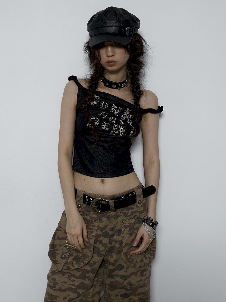 Leopard Patchwork One Shoulder Sleeveless Rolled Tee【s0000009380】