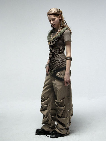 Pleated Studded Washed Cotton Trousers【s0000012211】