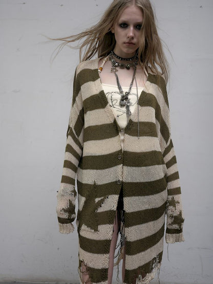 Striped knit loose bat-sleeve sunscreen hoodie【s0000012319】