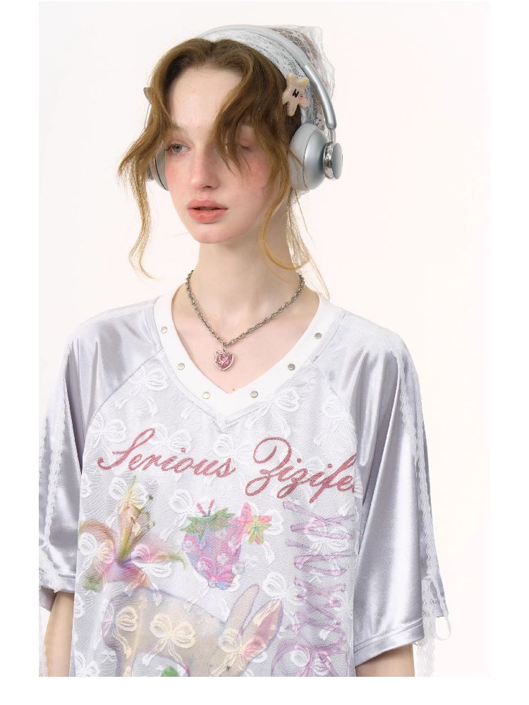 Lace Bow Gray Short Sleeve T-Shirt【s0000012245】