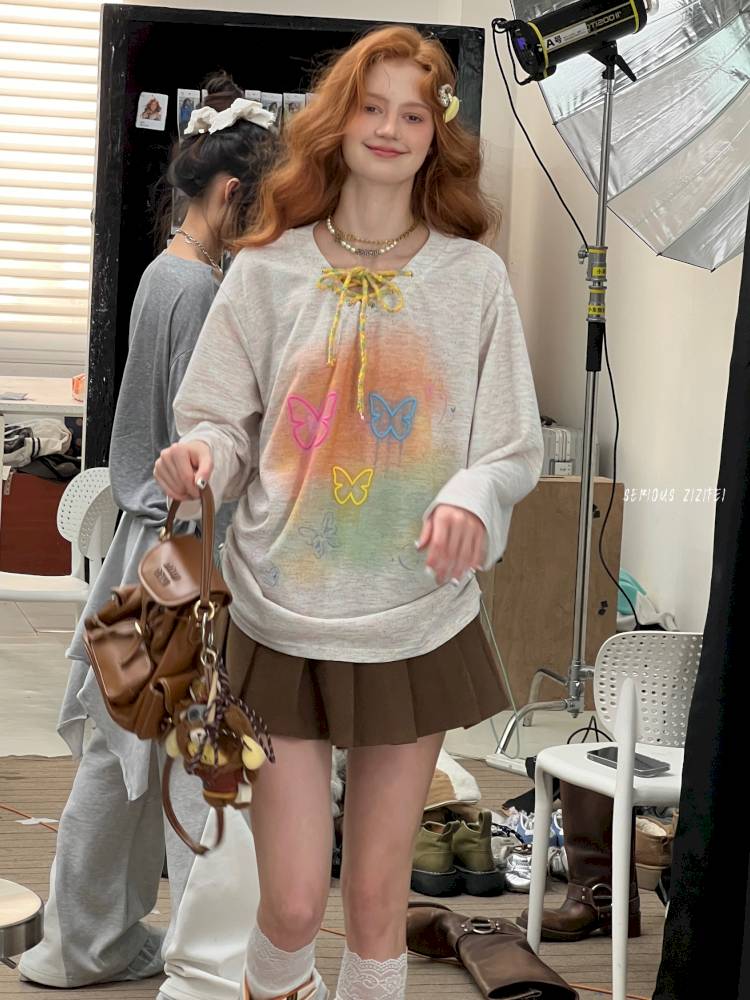 Butterfly Print V-Neck Strap Long Sleeve T-Shirt【s0000014360】