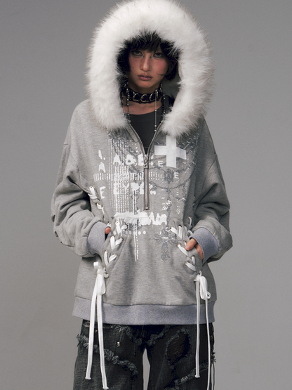 Tie-Front Printed Half-Zip Hoodie【s0000014452】