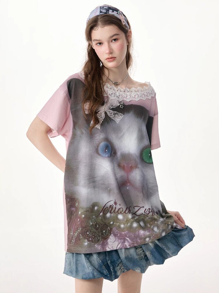 Lace Patchwork Cat Print Loose T【s0000017316】