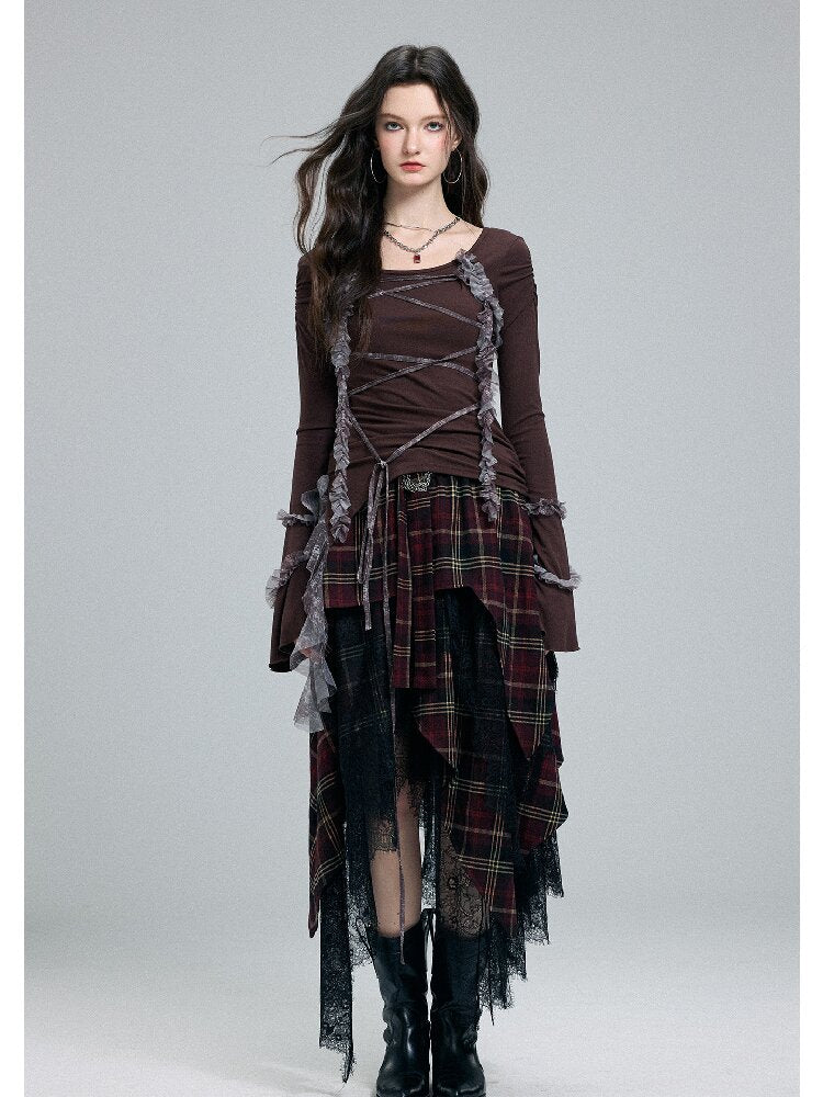 Damaged Plaid Lace Irregular Skirt【s0000016263】