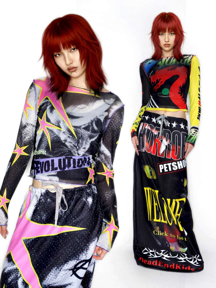 Y2K Millennium Print Long Sleeve Mesh Top【s0000014915】