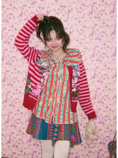 Red Green Stripe Lace Collar Shirt【s0000015368】