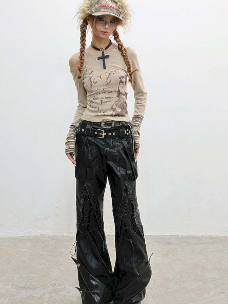 Strap Double Waist Leather Pants【s0000014834】
