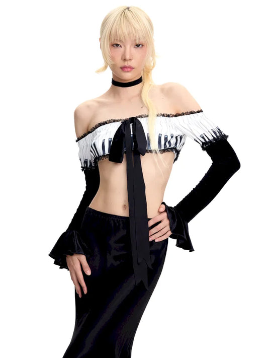 Piano Print Strapless Top【s0000014097】