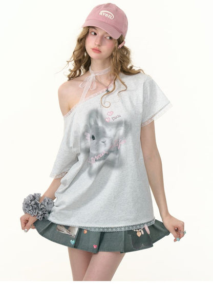 Lace edge large round neck loose short sleeve t-shirt【s0000013373】