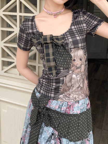 Patchwork Bow Cartoon Check T-Shirt【s0000018082】