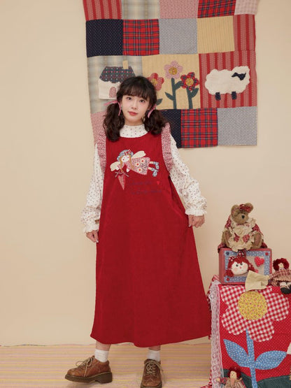 Lace Corduroy Red Vest Dress【s0000010346】