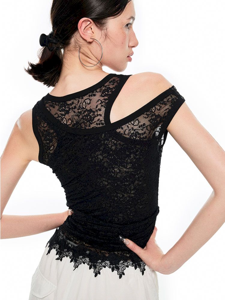 Slant Shoulder Asymmetric Lace See Through Overlay Vest【s0000009708】