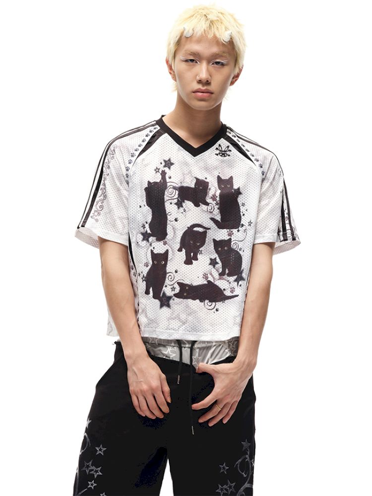 Black cat print shoulder sleeve t-shirt【s0000012586】