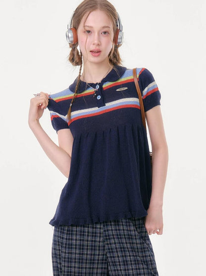 Doll Collar Knitted Slim T-Shirt【s0000016609】