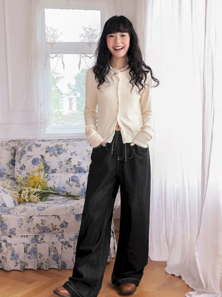 Washed elastic-waist wide-leg long jeans【s0000013990】