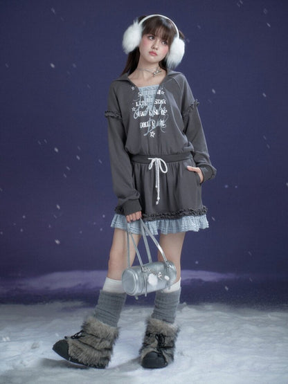 Gray Blue Print Lace Hoodie Dress【s0000015471】