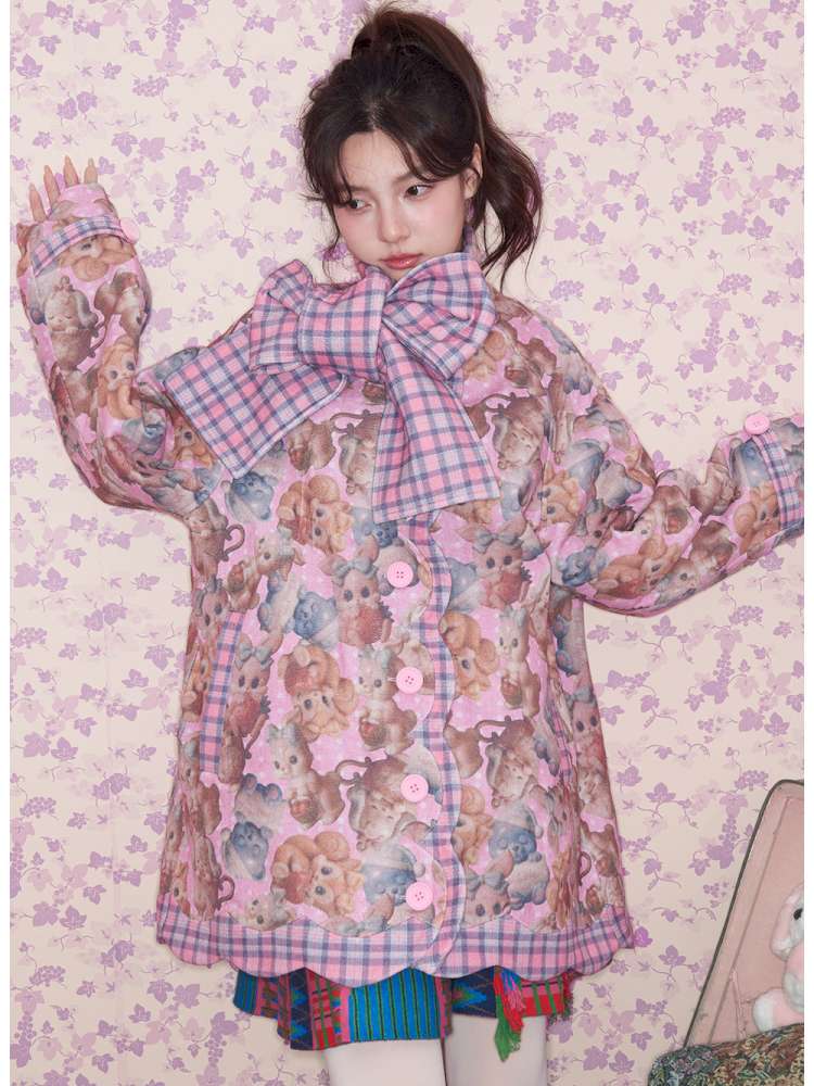 Pink Plaid Animal Padded Jacket【s0000015026】