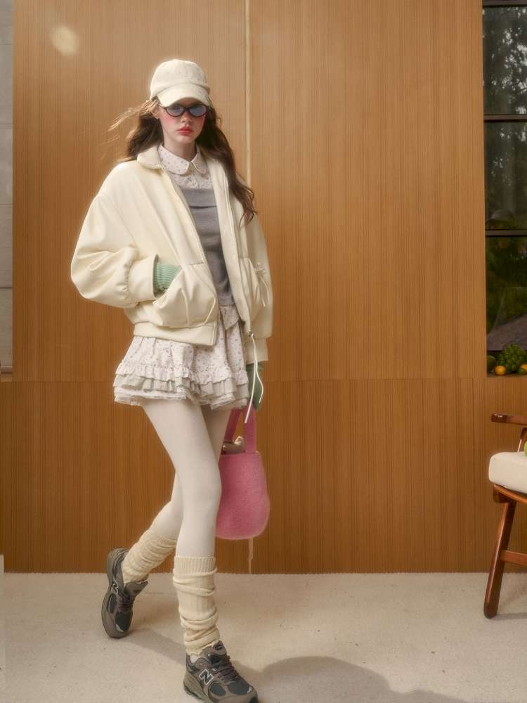 Cream Leather Doll Collar Leather Jacket【s0000014885】