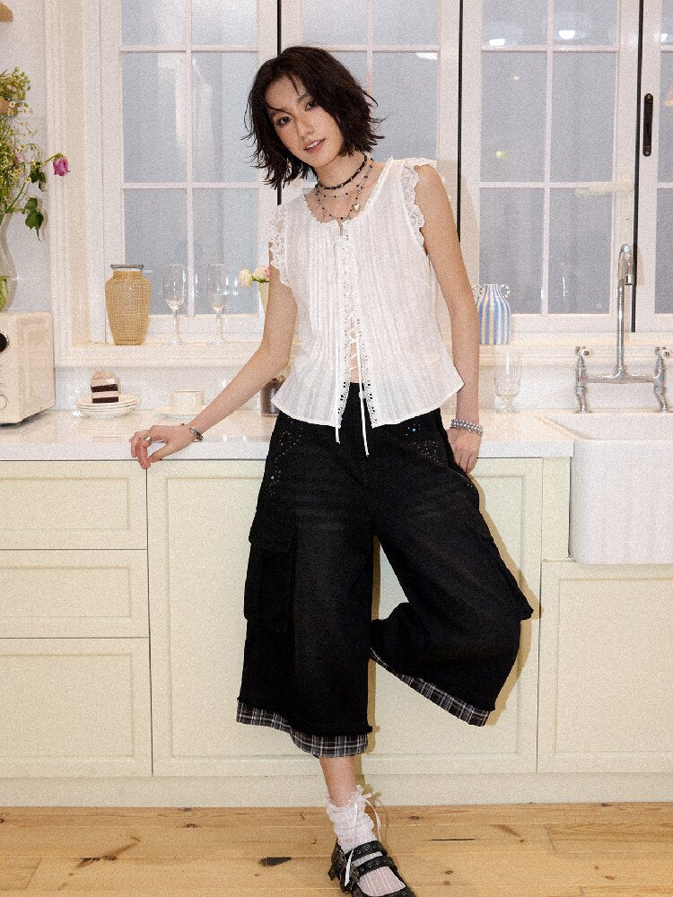 Spliced Plaid Diamond Wide Jeans【s0000016659】