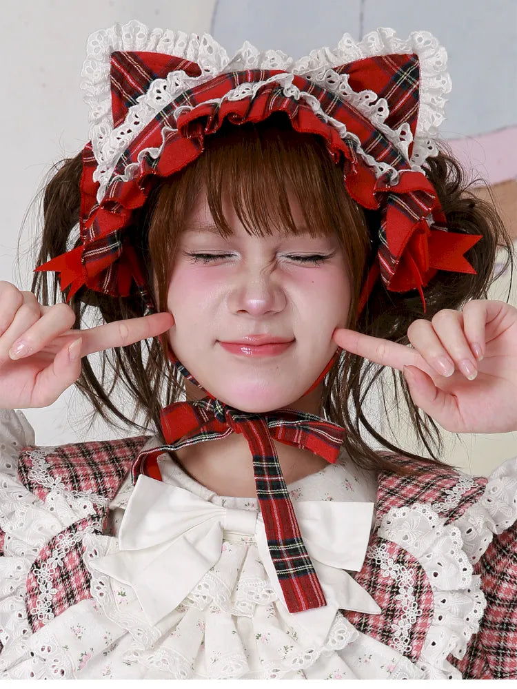 Red Plaid Cute Cat Ear Headband【s0000014106】