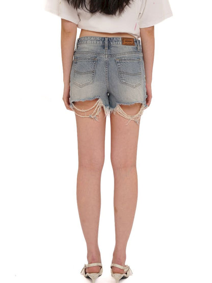 Leather label denim super short pants【s0000013435】