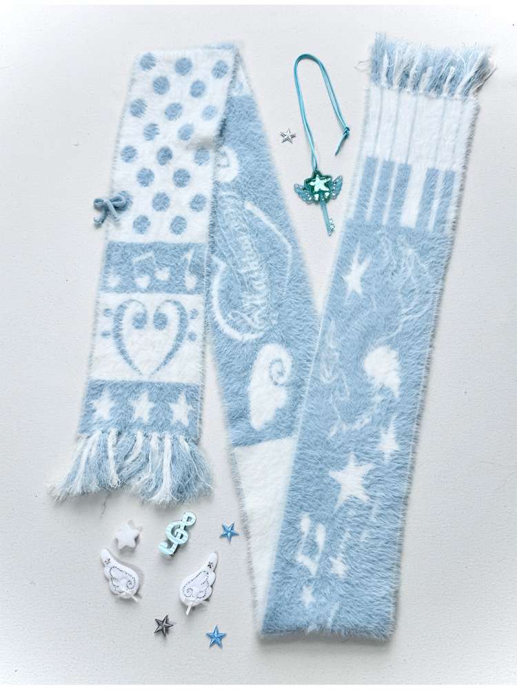 Blue White Polka Dot Mink Fringe Scarf【s0000014690】
