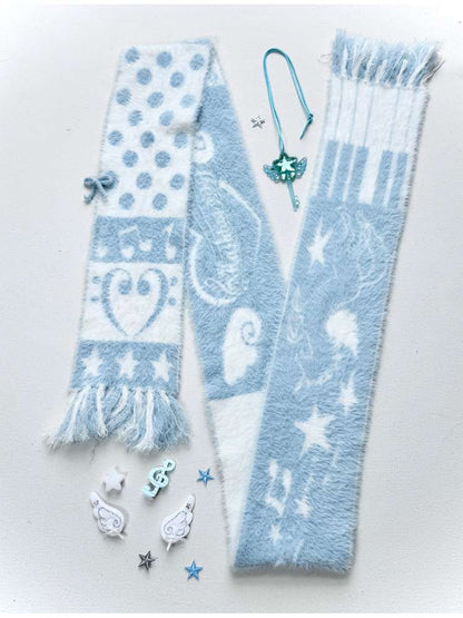 Blue White Polka Dot Mink Fringe Scarf【s0000014690】