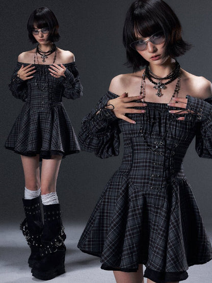 Vintage Plaid Off-Shoulder Dress【s0000018002】