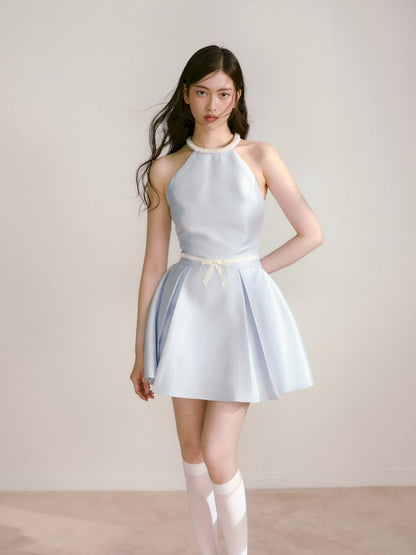 Satin Pearls Hanging Neck Dress【s0000013246】