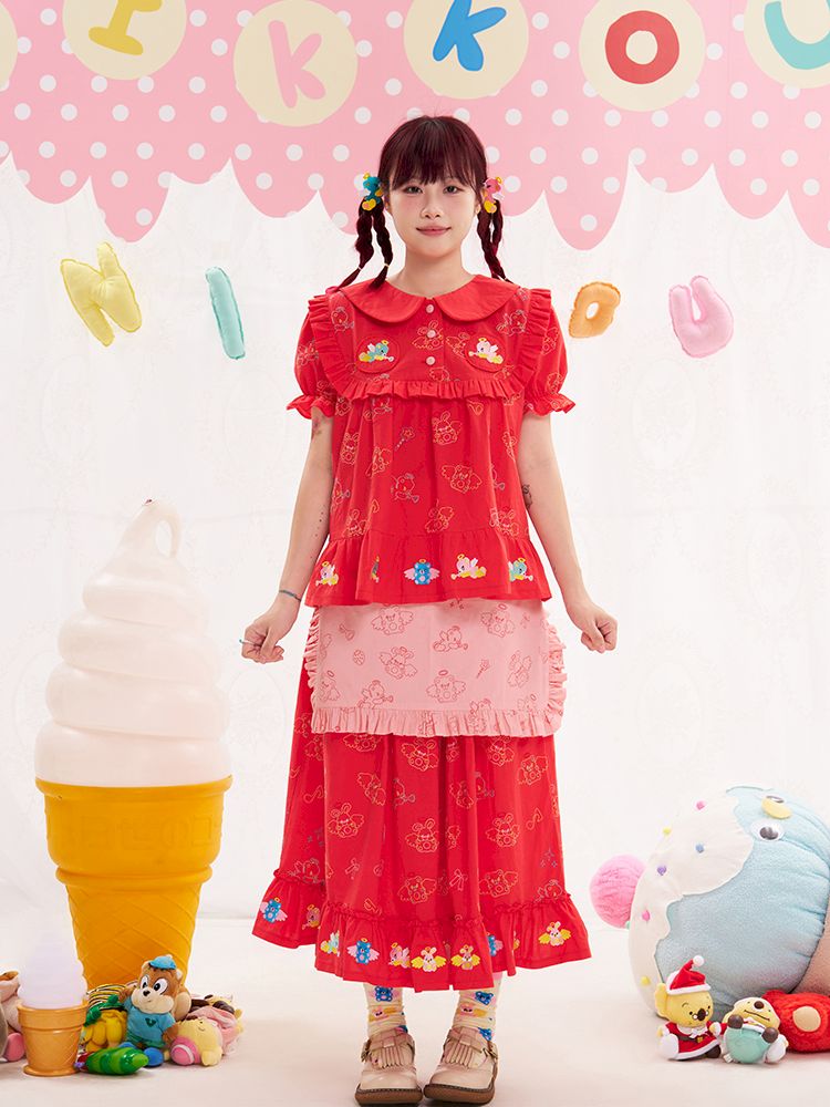 Animal angel heavy embroidery red doll shirt【s0000013184】