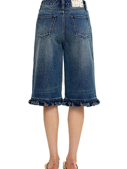 Lace Floral Leather Denim Cropped Pants【s0000017411】