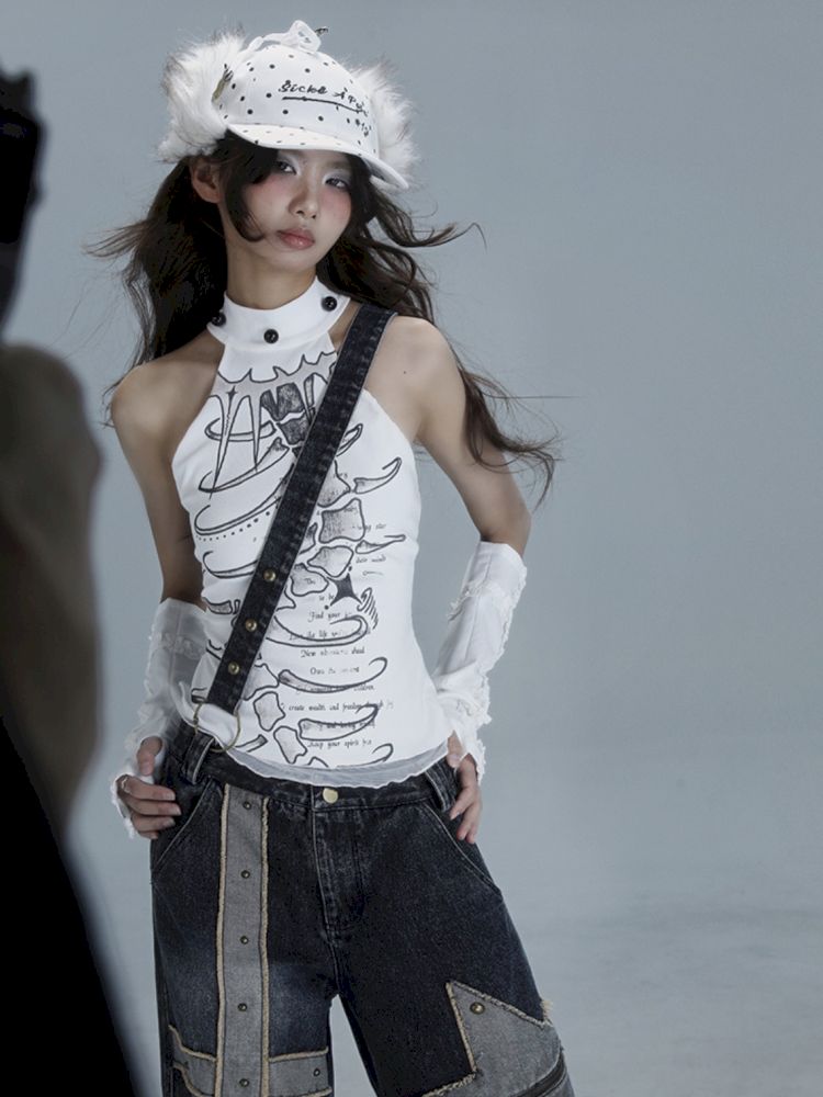 White Skinny Neck Tank Top【s0000013487】