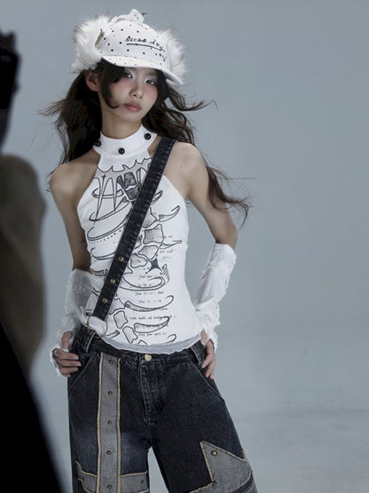 White Skinny Neck Tank Top【s0000013487】