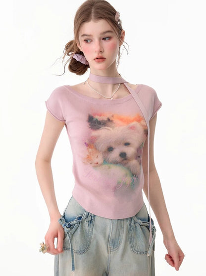 Puppy Print Slim Knitted Short T【s0000017671】
