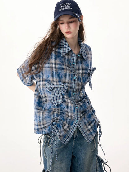 Blue Plaid Bow Preppy Style Shirt【s0000017308】