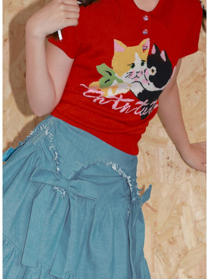 Two-Tone Kitten Knit Short-Sleeve Polo Shirt【s0000013925】