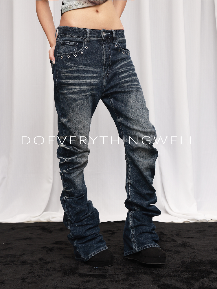 Blue Washed Riveted Flared Denim Pants【s0000019117】