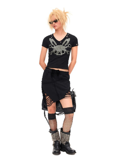 Studded Rabbit Skull Short T-shirt【s0000016936】