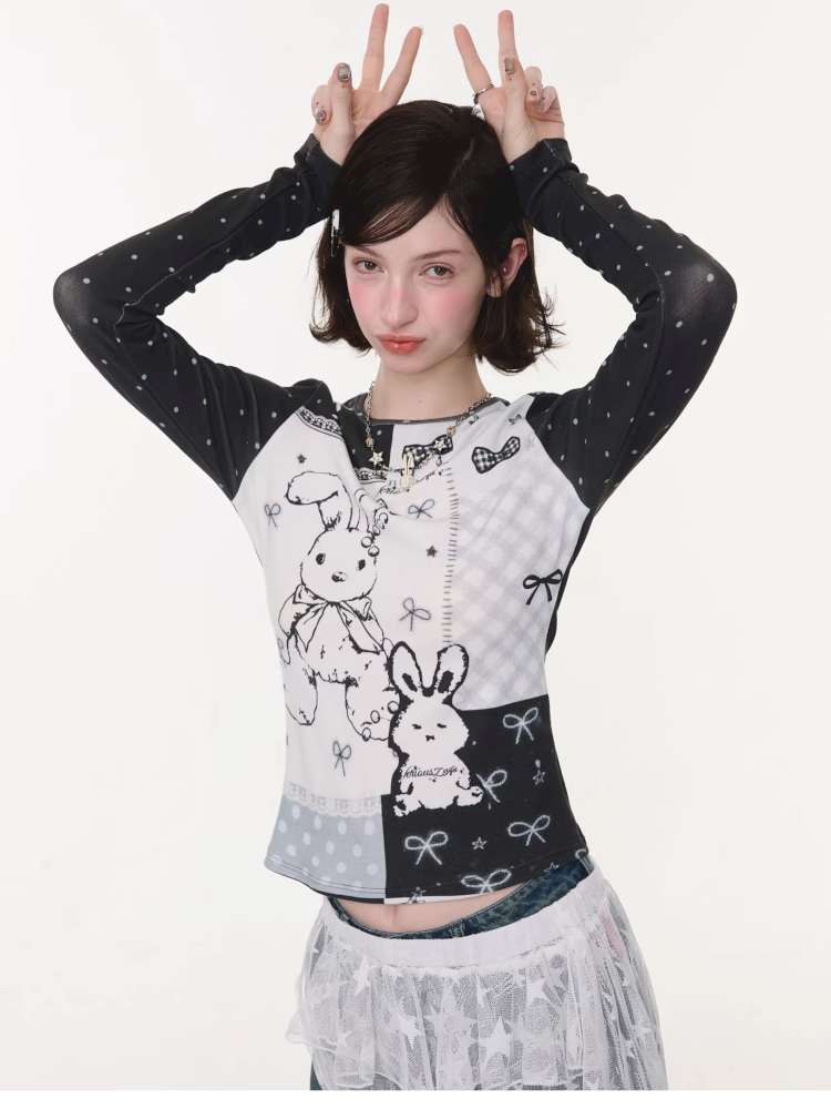 Rabbit Print Bow Contrast Top【s0000015433】