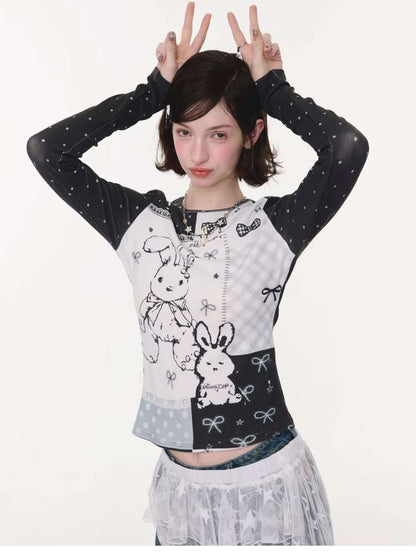 Rabbit Print Bow Contrast Top【s0000015433】
