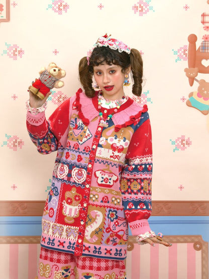 Red Navy Blue Jacquard Cardigan【s0000015570】