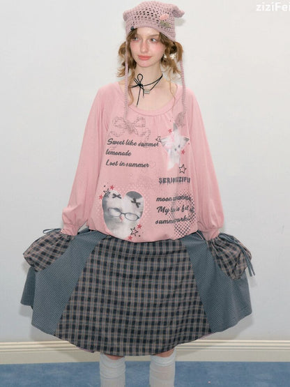 Lantern Sleeve Cat Print T-Shirt【s0000017878】