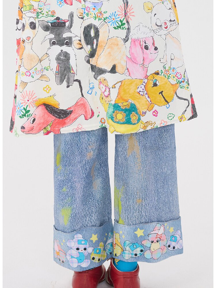 Hand Painted Patchwork Cotton Jeans【s0000016189】