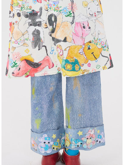Hand Painted Patchwork Cotton Jeans【s0000016189】