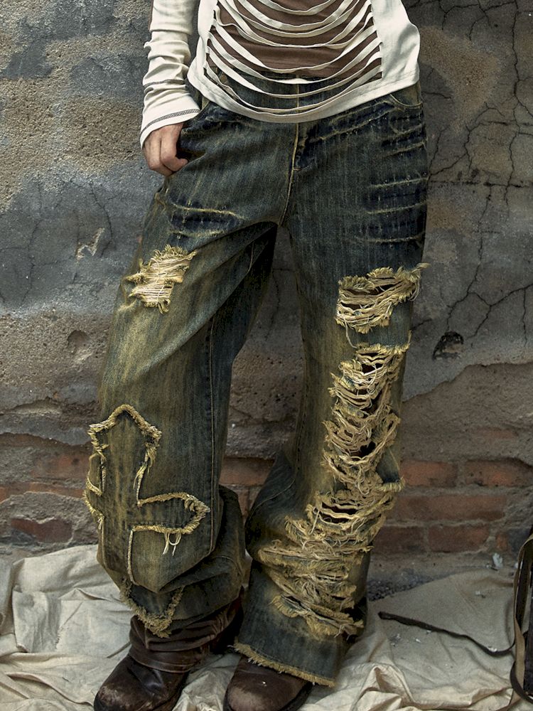 Washed ripped holes loose wide leg jeans【s0000009756】