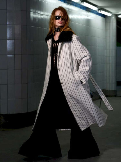 Thorn Stripe Panel Fur Collar Coat【s0000014642】