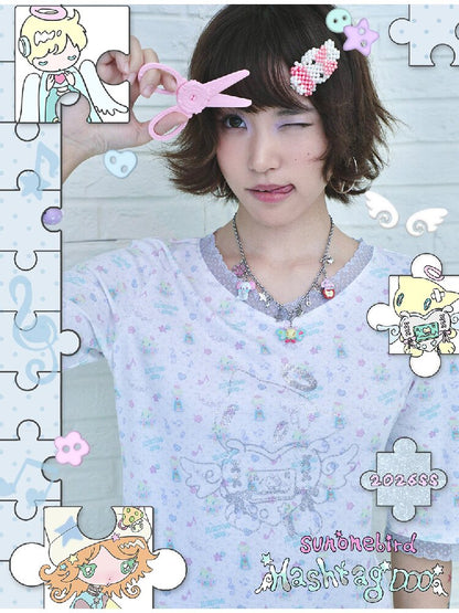Floral V-Neck Mid-Sleeve Tee【s0000017133】